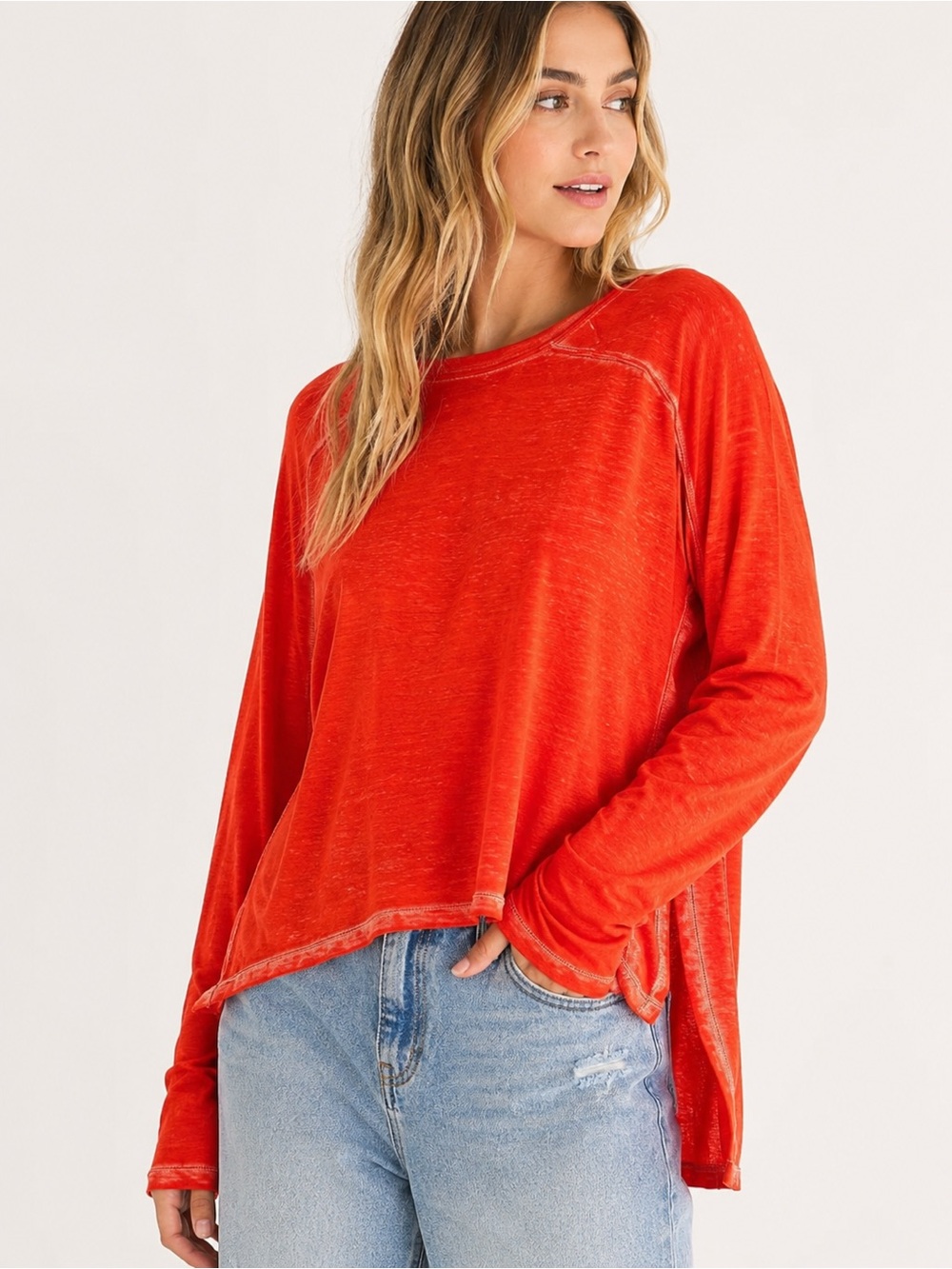 Free People We The Free Orange Slub High Low Oversized Long Sleeve Tee XS